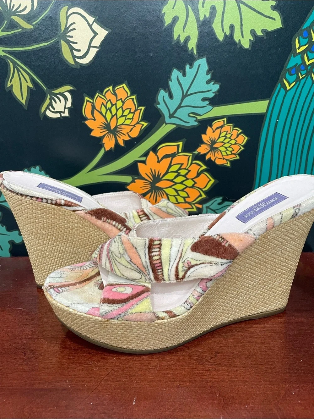 Emilio Pucci Velvet Print Wedge Mule Slides Size 39 Made in Italy